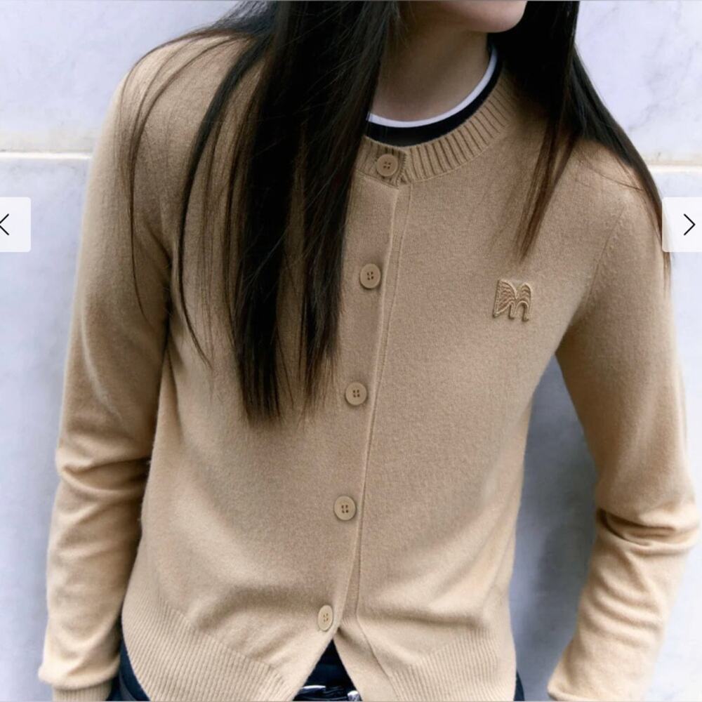 Mo&co tan brown wool cashmere Crewneck logo cardigan m